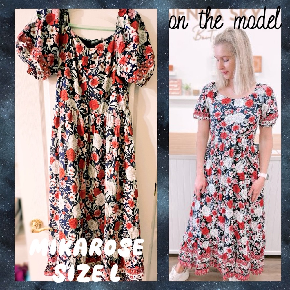 Mikarose Navy Blue & Red Spring Brea Maxi Dress in Rose Garden - size L